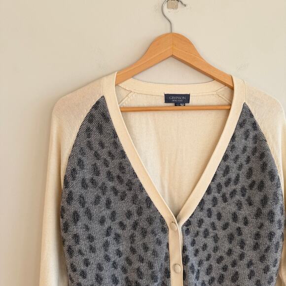 Gryphon New York Cashmere Blend Button Up Cardigan Sweater Cream Navy L - Picture 3 of 7